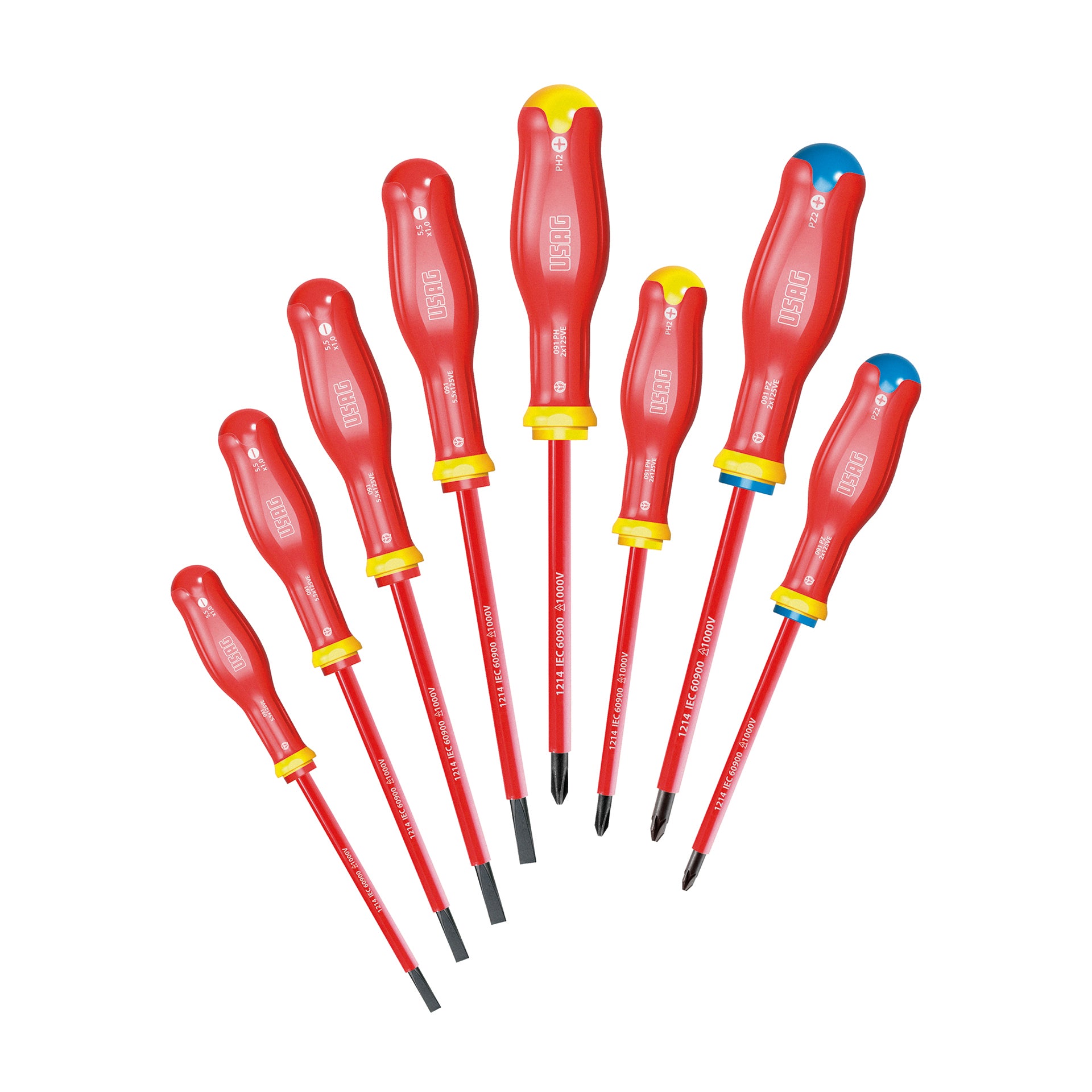 091 SH8 - Set of 8 screwdrivers for slotted screws, for Phillips® cross-head screws and for Pozidriv® cross-head screws - supadriv® 1000 v - Usag - U00910106 091 SH8 - Set of 8 screwdrivers for slotted screws, for Phillips® cross-head screws and for Pozidriv® cross-head screws - supadriv® 1000 v - Usag - U00910106